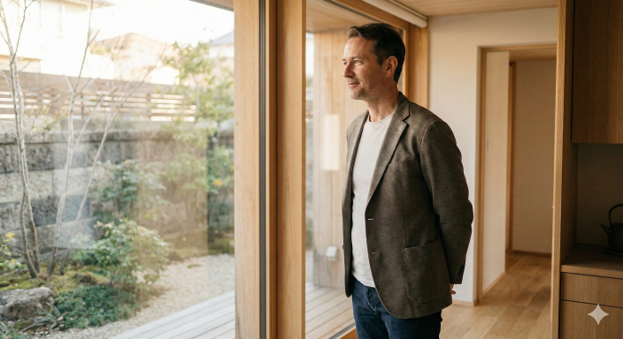 Muž v saku u okna hledící do zahrady, který nachází uvolnění a klid skrze somatickou terapii