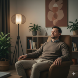 Muž sedící v klidném a bezpečném prostředí terapeutické místnosti v Brně, se zavřenýma očima se soustředí na svůj dech a vnitřní klid v rámci bodyterapeutického procesu.