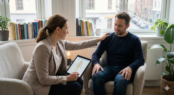 Ilustrační fotografie znázorňující profesionální terapeutický dotek (např. ruka na rameni) v moderní praxi, s důrazem na bezpečí a důvěru.