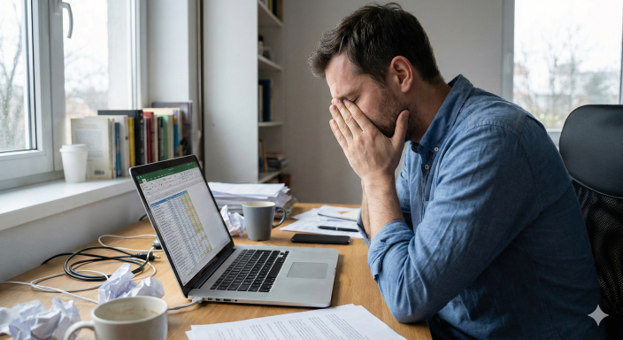 Muž u počítače v frustraci a prokrastinaci - jak přestat prokrastinovat