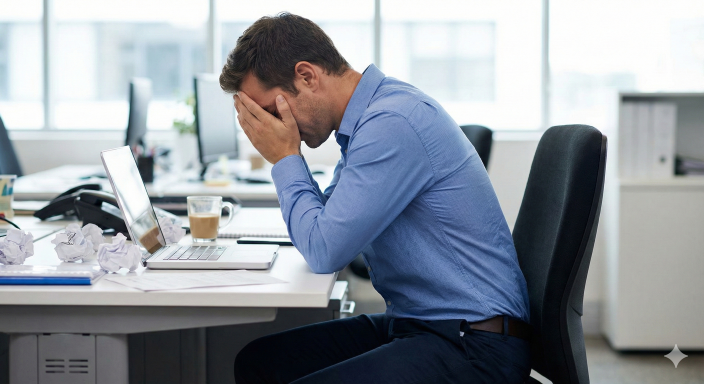 Fotorealistický portrét muže v kancelářském prostředí, který prožívá pocity studu, drží se za hlavu a cítí sevření na hrudi po pracovní chybě.