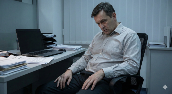 Fotorealistický portrét muže v kanceláři, který rezignovaně sedí u stolu, s propadlými rameny a výrazem naprosté bezmoci a vyčerpání.