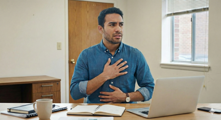 Portrét muže v kancelářském prostředí, který se vědomě zastavuje a vrací pozornost k vjemům v těle pro regulaci úzkosti.