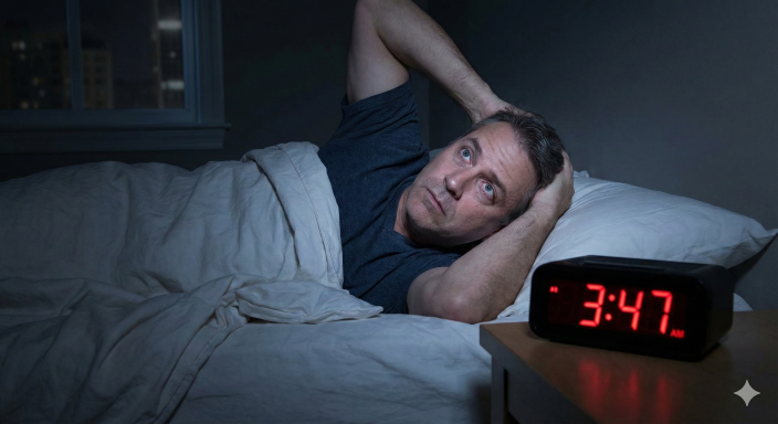 Fotorealistický portrét muže ve středním věku, který v noci leží v posteli s otevřenýma očima, zírá do stropu a nemůže usnout kvůli stresu a přetížení nervového systému.