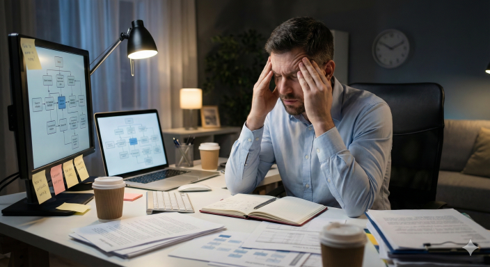 Muž v kanceláři se drží za hlavu kvůli stresu - overthinking