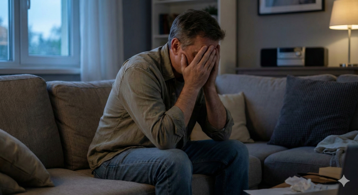 Muž u pracovního stolu vyjadřující únavu a úzkost - úzkost