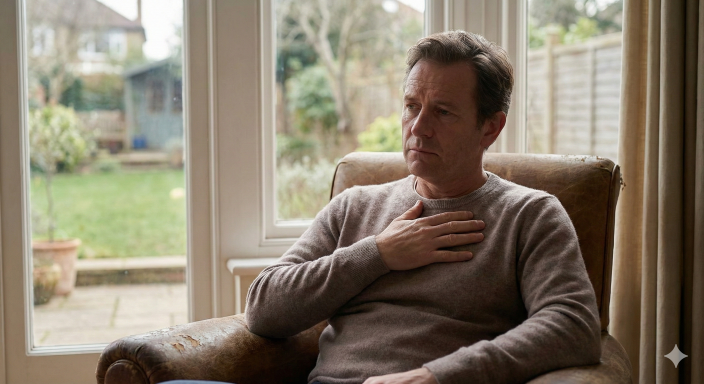 Fotorealistický portrét muže ve středním věku, který sedí v klidném prostředí, s výrazem hlubokého, ale přijatého smutku. Jeho tělo je uvolněné, v gestu sebereflexe, nikoliv kolapsu, symbolizující zdravý proces truchlení.