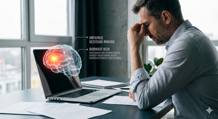 Fotografie moderní pracovny s počítačem a rozloženými poznámkami. Na obrazovce je schematické zobrazení lidského mozku se zvýrazněnou prefrontální kůrou a limbickým systémem, ilustrující vliv stresu.