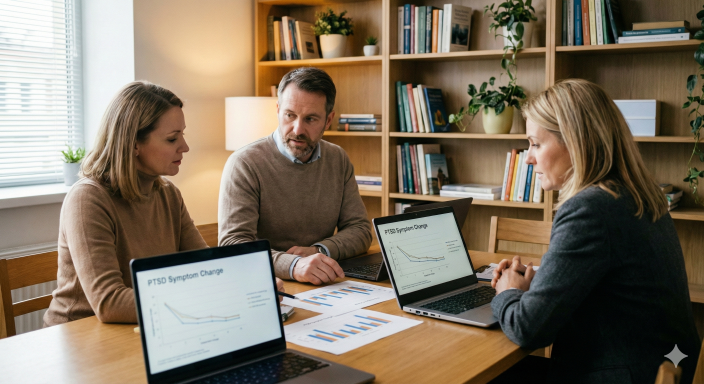 Fotografie z odborné konference, na projekčním plátně je graf porovnávající výsledky dvou randomizovaných kontrolovaných studií (RCT) terapie traumatu. V popředí sedí účastníci a diskutují nad daty.