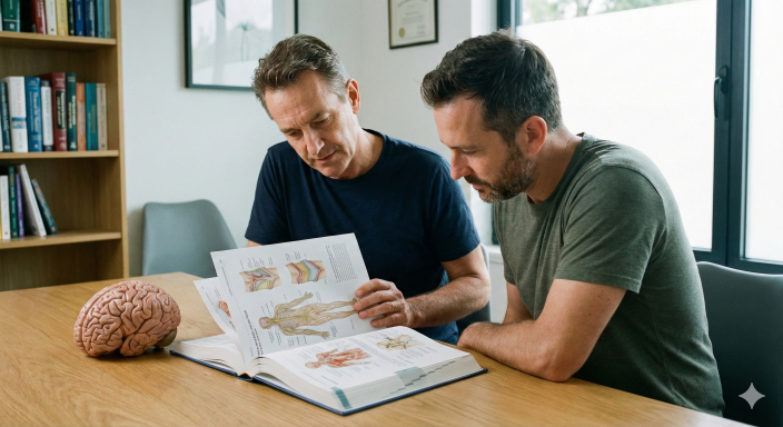 Fotografie z moderní terapeutické praxe, kde terapeut a klient v civilním oblečení diskutují nad otevřenou knihou s anatomickými diagramy nervového systému a fascií. Na stole leží model lidského mozku.