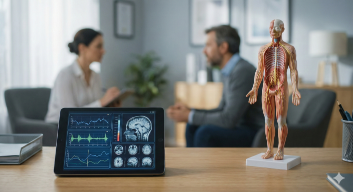 Moderní terapeutická konzultovna, na stole leží tablet se zobrazenými grafy výzkumných dat a model lidského mozku.