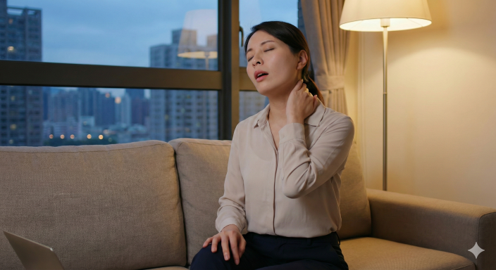 Žena v kanceláři uvolňující dechem nahromaděný stres - stres