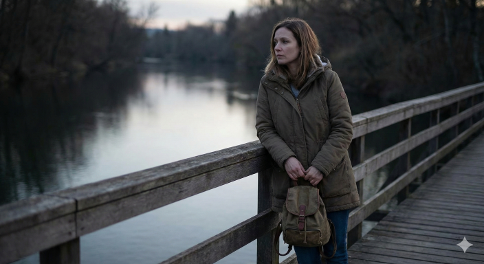 Fotorealistický snímek dvou lidí, muže a ženy, kteří stojí zády k sobě na mostě nebo cestě. Mezi nimi je symbolická, narušená energetická vazba. Jejich těla vyjadřují smutek a odloučení, hlavy jsou skloněné.