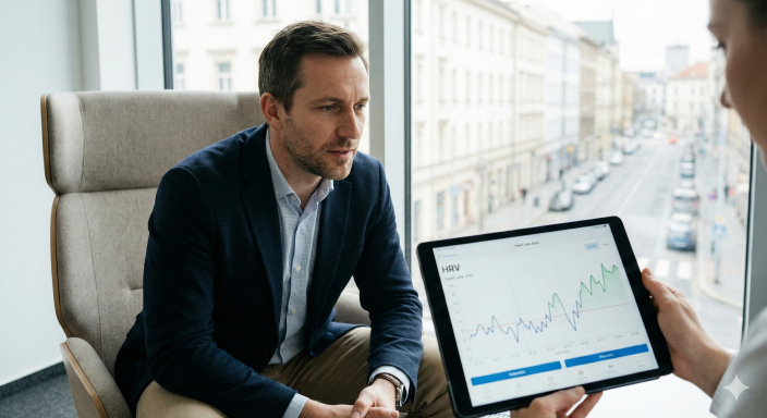 Moderní grafika znázorňující proces zvládání stresu (coping) s využitím principů bodypsychoterapie. V popředí je stylizovaný graf ukazující rychlejší návrat do klidového stavu po zátěži.